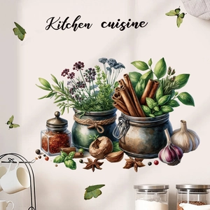 Self-adhesive PVC kitchen wall sticker with green plants and vintage spice jars decor