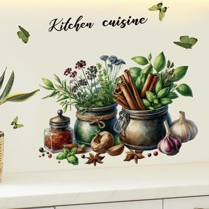 Kitchen cuisine wall stickers with herbs, spices, and green butterflies on white wall
