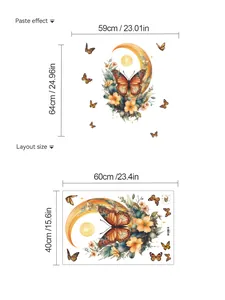 Moon and butterfly wall sticker size chart showing paste effect and layout dimensions
