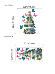 Détails des dimensions de l'autocollant mural papillon et rendu final après collage