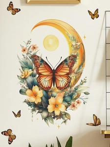 Detail of artistic moon and orange butterfly wall sticker with floral background