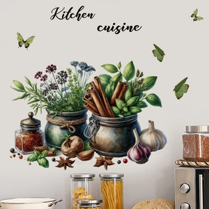 Kitchen wall stickers with vintage herb spice jars and butterflies on a pantry background
