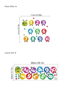 Detail view of colorful number caterpillar wall decals with layout and size dimensions