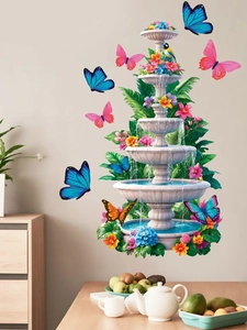 Détail du sticker mural PVC avec fontaine en pierre, fleurs et papillons colorés en 3D