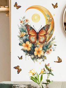 Detailed view of moon and orange butterfly wall stickers for bedroom decoration