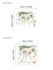 Detail showing white rose and butterfly wall sticker layout and paste dimensions