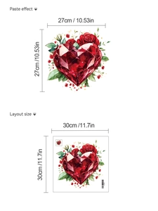 Detail showing layout dimensions and paste effect of ruby heart and rose wall sticker