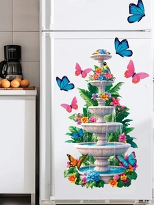 Détail d'autocollant 3D fontaine en pierre avec papillons et fleurs colorés pour frigo