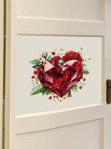 Detail of red diamond heart and rose wall sticker on a white wooden door panel