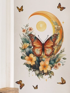Detailed close-up of butterfly and moon PVC wall stickers with warm floral art style