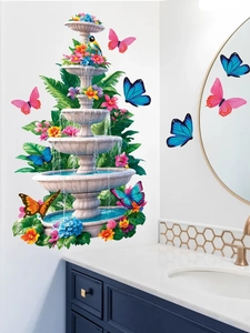 Détail stickers muraux papillon 3D avec fontaine européenne et plantes tropicales