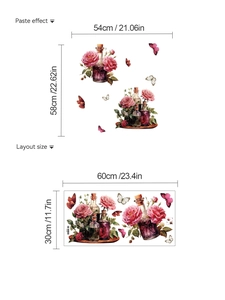Detail of floral wall stickers showing layout 60x30cm and pasted size 54x58cm measurements