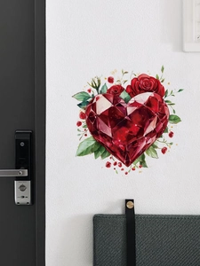 Detailed view of 3D ruby heart and red rose wall sticker on a white textured room wall