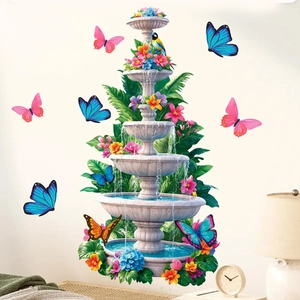 Stickers Muraux 3D Papillon Fontaine Imperméable PVC Décalcomanies Florales pour Chambre Salon Décoration de la Maison