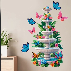 Sticker mural fontaine 3D avec papillons colorés et fleurs pour décoration d'intérieur