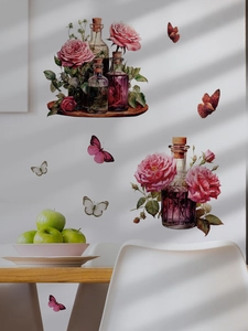 Detail of vintage pink rose glass bottle wall stickers with butterflies on white wall
