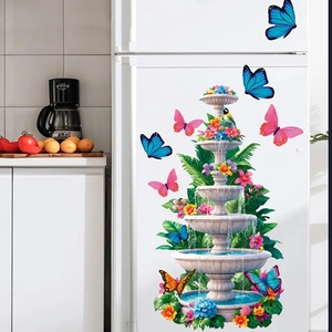 Stickers muraux fontaine d'eau 3D et papillons colorés sur un réfrigérateur blanc de cuisine