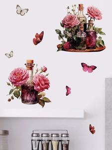 Detailed watercolor floral wall stickers featuring vintage glass bottles and butterflies
