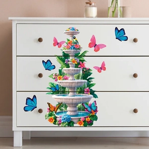 Stickers muraux fontaine tropicale et papillons colorés pour décoration de meubles maison