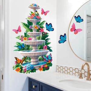 Sticker mural 3D fontaine papillons avec plantes tropicales pour salle de bain
