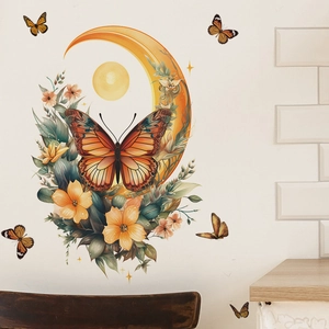 Artistic moon and butterfly wall stickers with flowers for living room bedroom decor