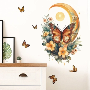 Floral moon and butterfly wall sticker set in orange and green for home decor