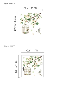 Detail of layout size and paste effect for white floral and bird PVC wall stickers