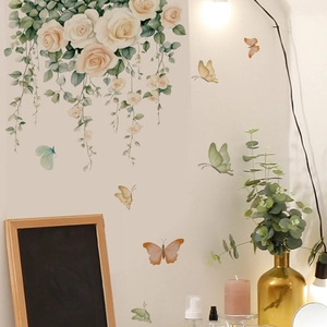White rose and colorful butterflies self-adhesive PVC wall stickers for home decor