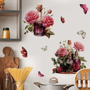 Retro Rose Flower Vase Wall Sticker PVC Removable Butterfly Floral Wall Decal For Bedroom Living Room Kitchen Home Decor