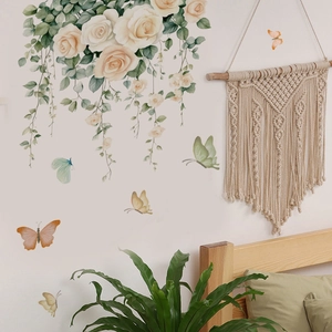 Self-adhesive floral wall stickers with white roses and colorful butterflies for bedroom decor