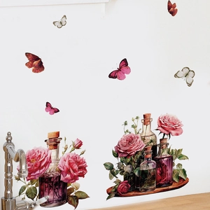 Vintage floral wall stickers featuring pink roses and glass bottles for home decor