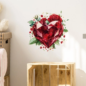 Artistic red diamond heart wall sticker with roses and green leaves for home decor