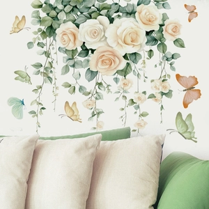 Self-adhesive PVC wall stickers with 3D butterflies and white rose flowers for bedroom decor
