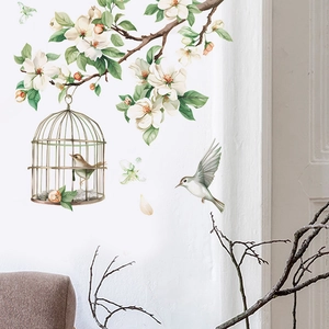 White Flower Bird Birdcage Toilet Wall Sticker Waterproof PVC Removable Home Decor Art Mural For Bathroom Living Room Porch