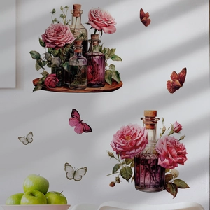 Pink rose flower wall stickers with vintage glass bottles and butterflies for home decor