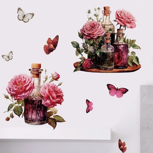 Vintage floral wall stickers featuring pink roses and glass bottles for living room decor