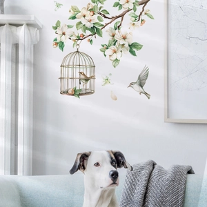 Self-adhesive PVC wall stickers with white flowers and birdcage for home decor