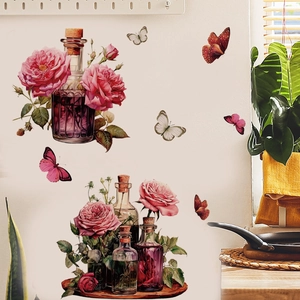 Floral glass bottle wall stickers with pink roses and butterflies for home decoration