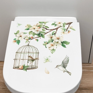 Adhesive PVC toilet lid sticker with white flowers and birdcage in Chinese style