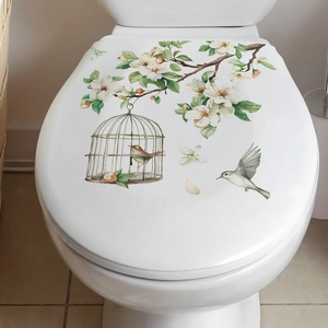 Waterproof PVC toilet lid sticker with watercolor white flowers and birdcage pattern