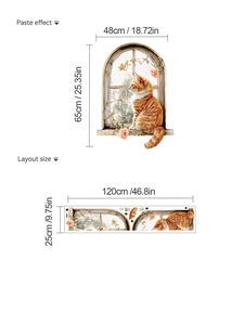 Detailed wall sticker layout and dimensions of an orange cat by a vintage window decoration