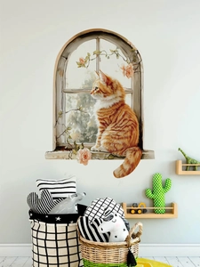 Detail view of 3D orange tabby cat wall sticker with arched window and pink flowers