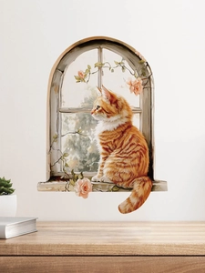Detail of self-adhesive orange cat wall sticker with roses on white arched window frame