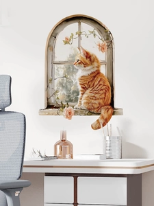 3D wall sticker detail of orange tabby cat by arched window with pink roses on white wall
