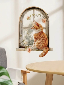 Detail of orange tabby cat wall sticker with roses on a vintage faux window ledge