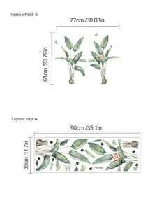 Detailed size guide for tropical plant wall decals showing paste effect and layout dimensions