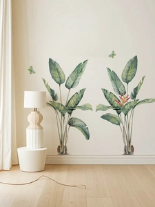 Hand-painted tropical bird of paradise wall decals with green leaves and butterflies