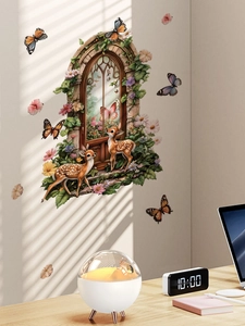 Detail of forest deer wall sticker with floral window arch in a cozy home setting