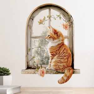 3D wall sticker featuring a ginger cat on a window ledge with pink roses decor