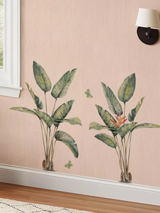 Detailed watercolor tropical plant wall decals featuring bird of paradise leaves and butterflies